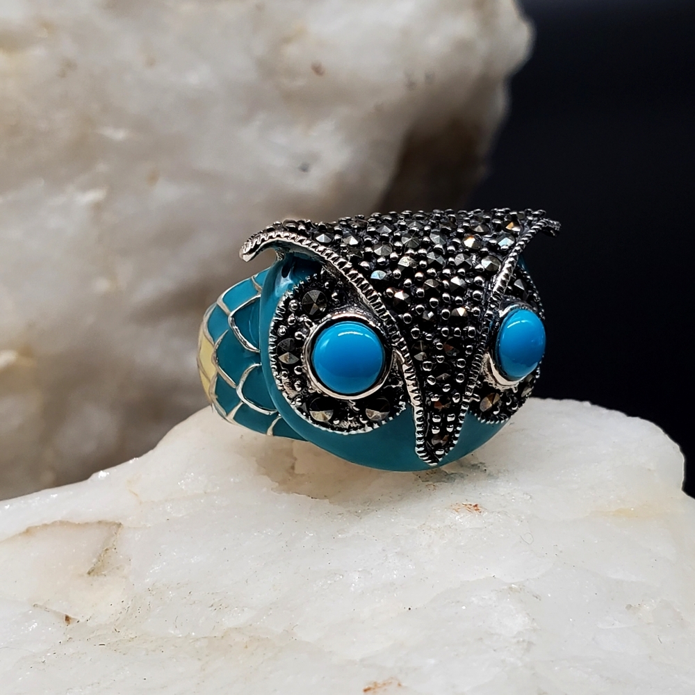 Sterling Silver 925 Designer Ring Turquoise Stone Swiss Marcasite Owl Jewelry